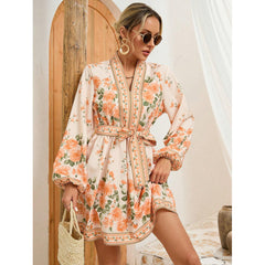 Winter European And American Flower Printing Long Sleeve Tied Dress
