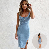 New U-neck Suspender Denim Dress Summer Casual Tight Slim Fit Dresses