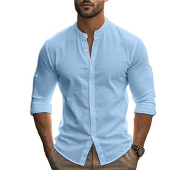 Men's Long Sleeve Standing Collar Slim Fit Casual Cotton Shirt