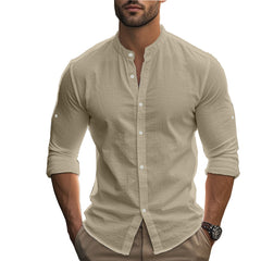 Men's Long Sleeve Standing Collar Slim Fit Casual Cotton Shirt