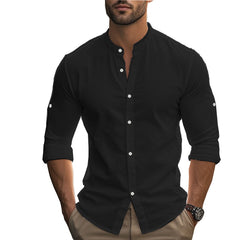 Men's Long Sleeve Standing Collar Slim Fit Casual Cotton Shirt