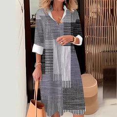 Casual Printing Lapel Long Sleeve Button Irregular Shirt Dress