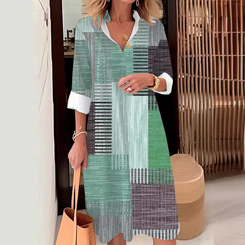 Casual Printing Lapel Long Sleeve Button Irregular Shirt Dress