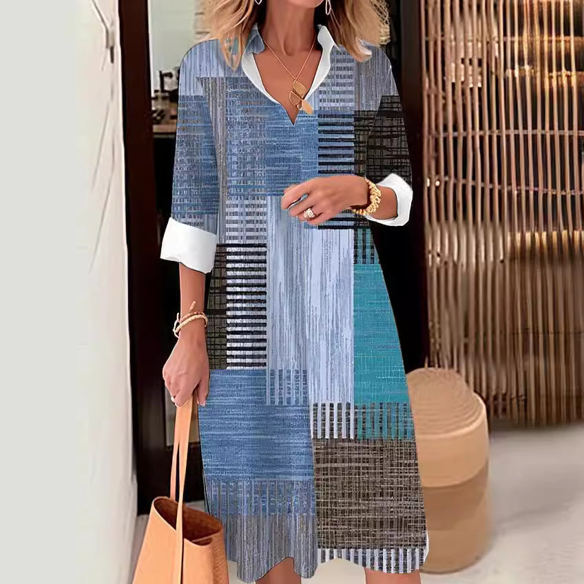 Casual Printing Lapel Long Sleeve Button Irregular Shirt Dress