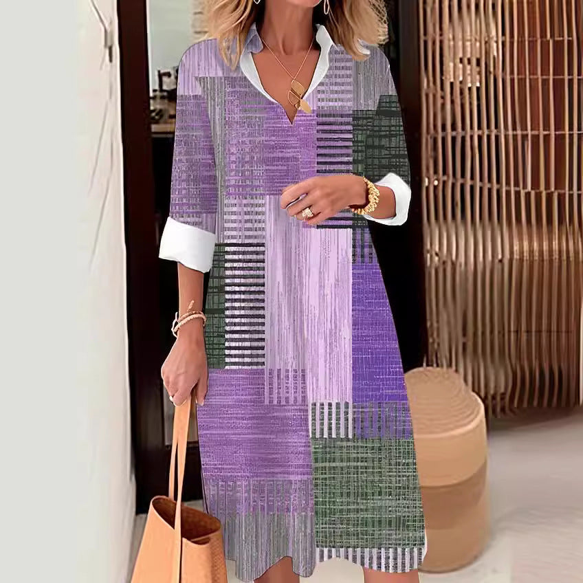 Casual Printing Lapel Long Sleeve Button Irregular Shirt Dress